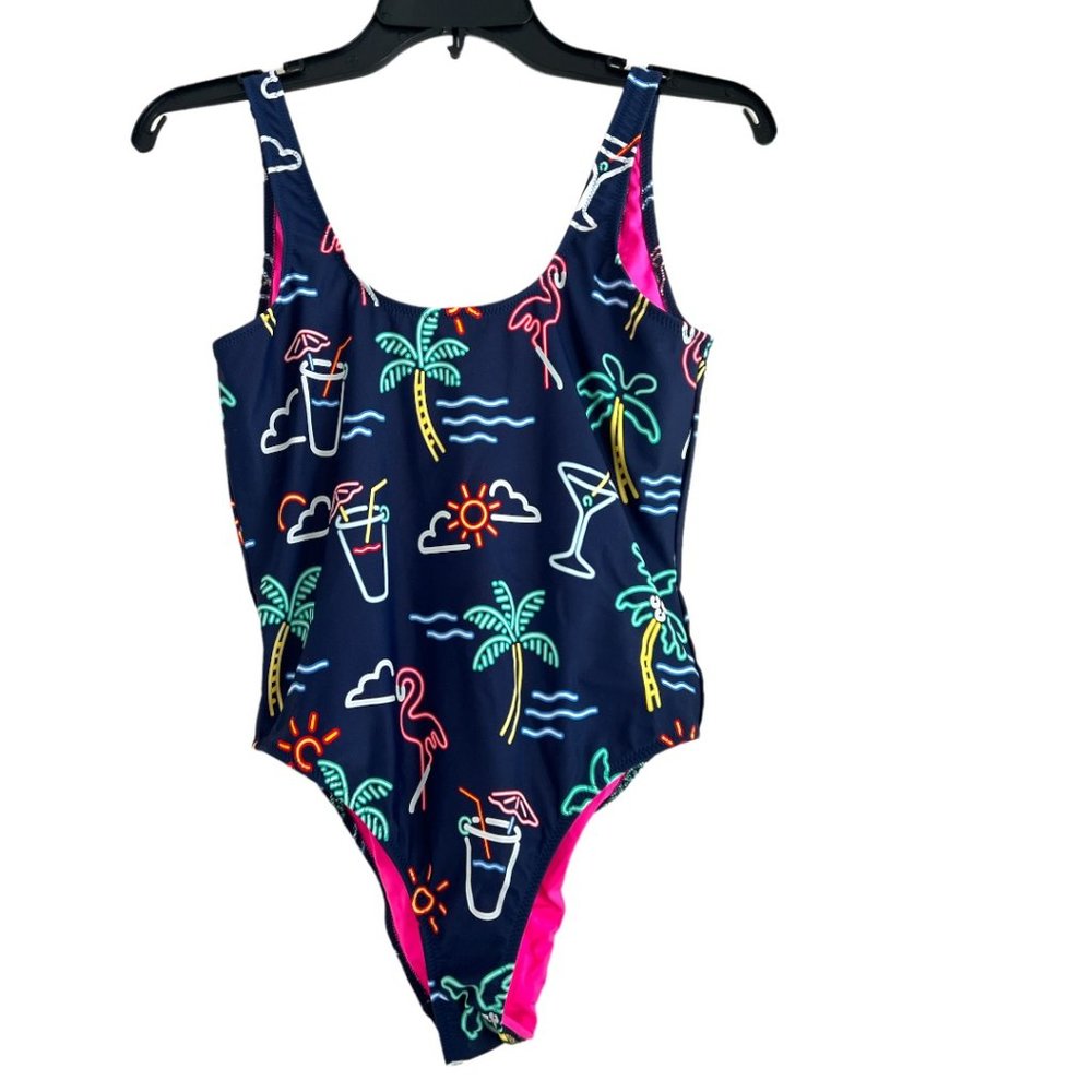 Chubbies The Electric Open Back One Piece Tropical Print  Swimsuit Navy Small